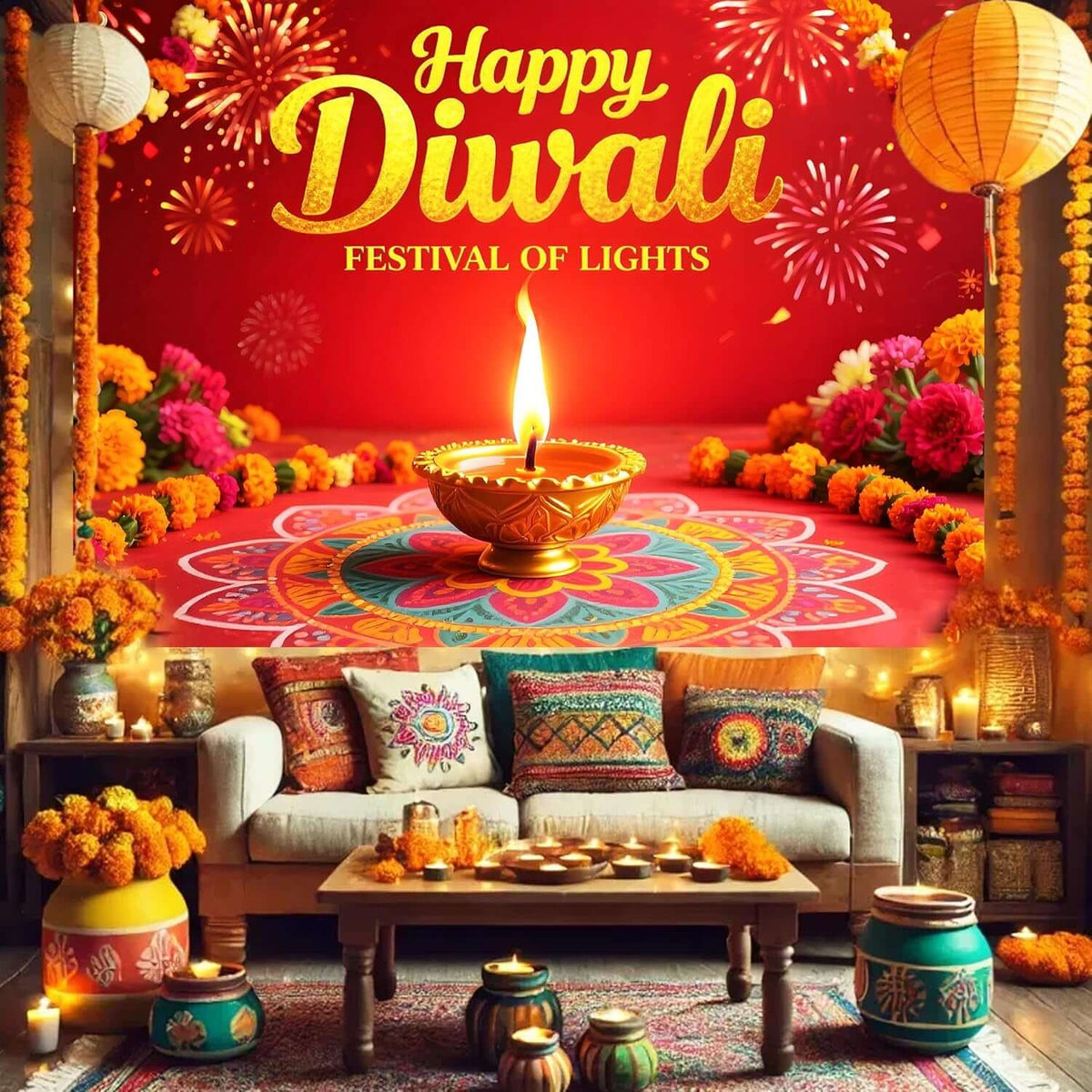 Diwali Backdrop Decorations 7X5Ft Happy Diwali Banner Deepavali Festival of Lights Diyas for Home Party Supplies Photography Background Indoor Outdoor With19.68Ft Ribbon