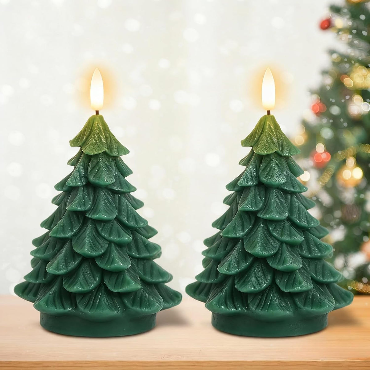 Christmas Tree Flameless Candles Battery Operated with 6H Timer | Real Wax Lifelike Leaves 3D Wick Flickering, LED Pillar Candle Long Lasting, Winter Holiday Indoor Decor, 2.76"X 5.9", 2 Pack