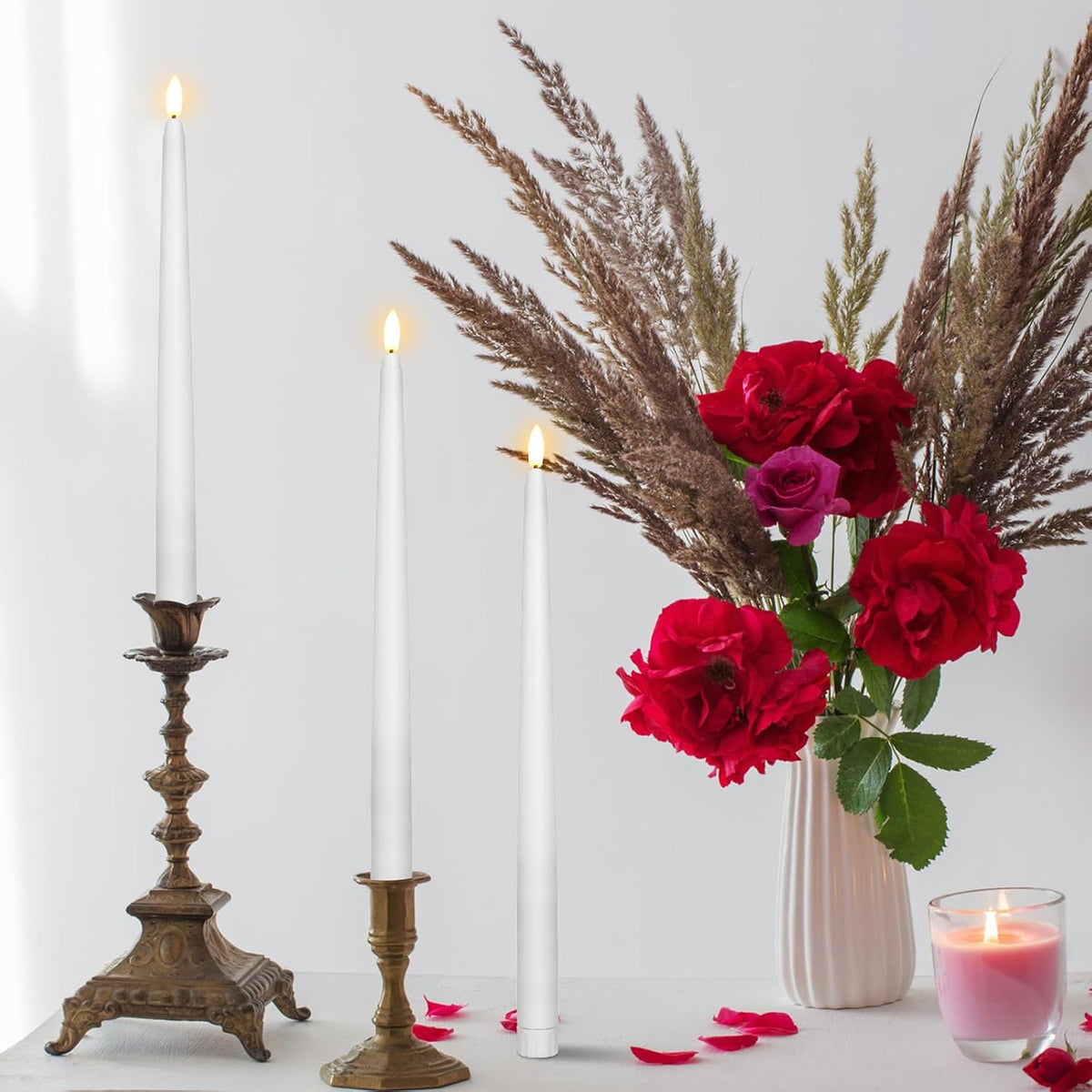 50 Pcs Extra Long Flameless Taper Candles 12.4 Inch Battery Operated Taper Candle Bulk LED Flickering White Candlesticks for Wedding Church Table Centerpiece Halloween Christmas Party Decor