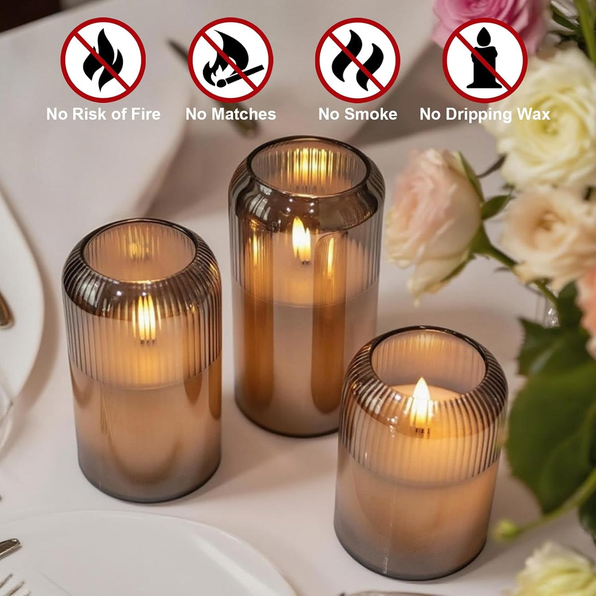Striped Glass Flameless Candles Battery Operated with Remote Timer | Gold LED Flickering Pillar Candle, 3D Wick Long Lasting, Dinner Wedding Christmas Holiday Decor, 3"D X 4",5",6"H, 3 Pack