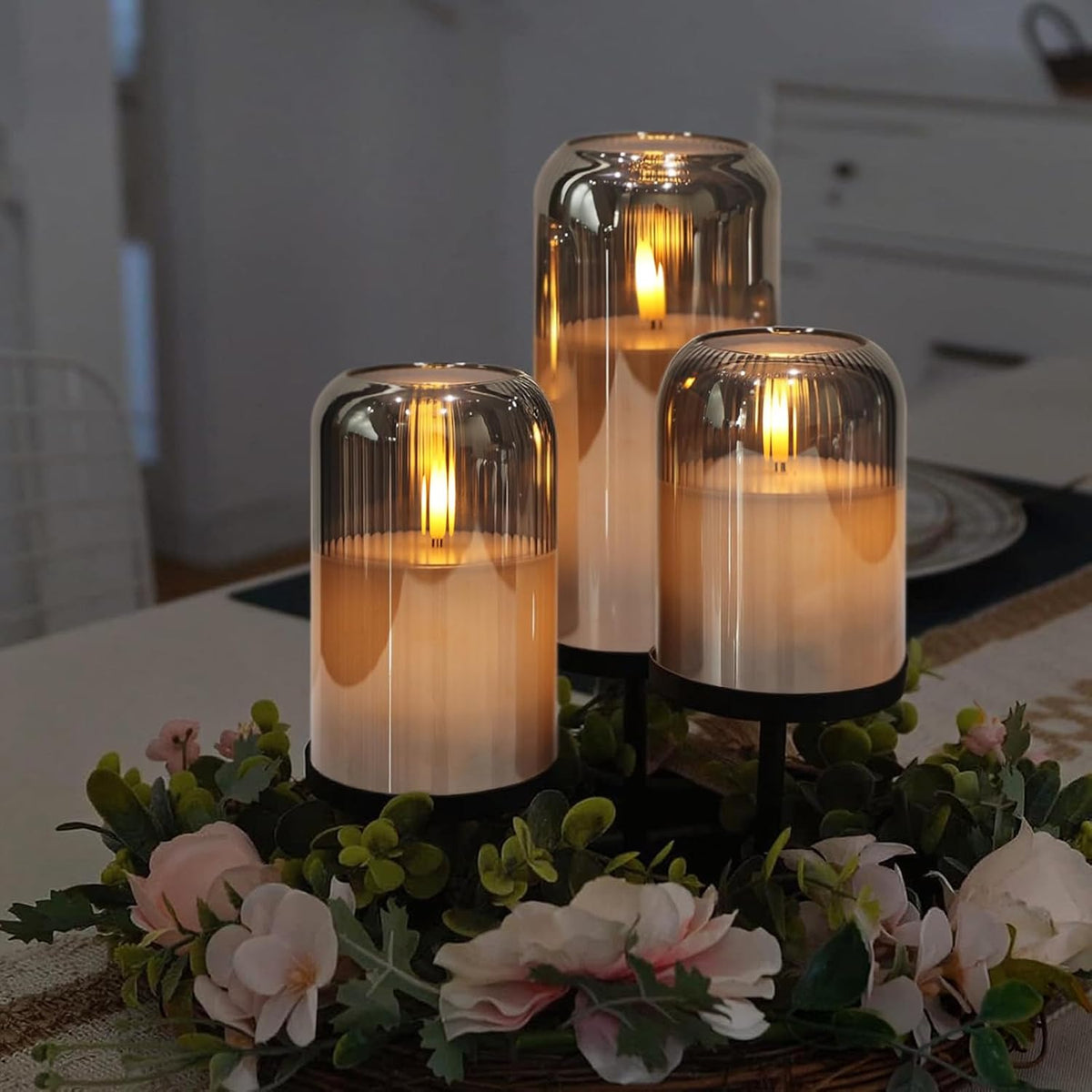 Striped Glass Flameless Candles Battery Operated with Remote Timer | Gold LED Flickering Pillar Candle, 3D Wick Long Lasting, Dinner Wedding Christmas Holiday Decor, 3"D X 4",5",6"H, 3 Pack