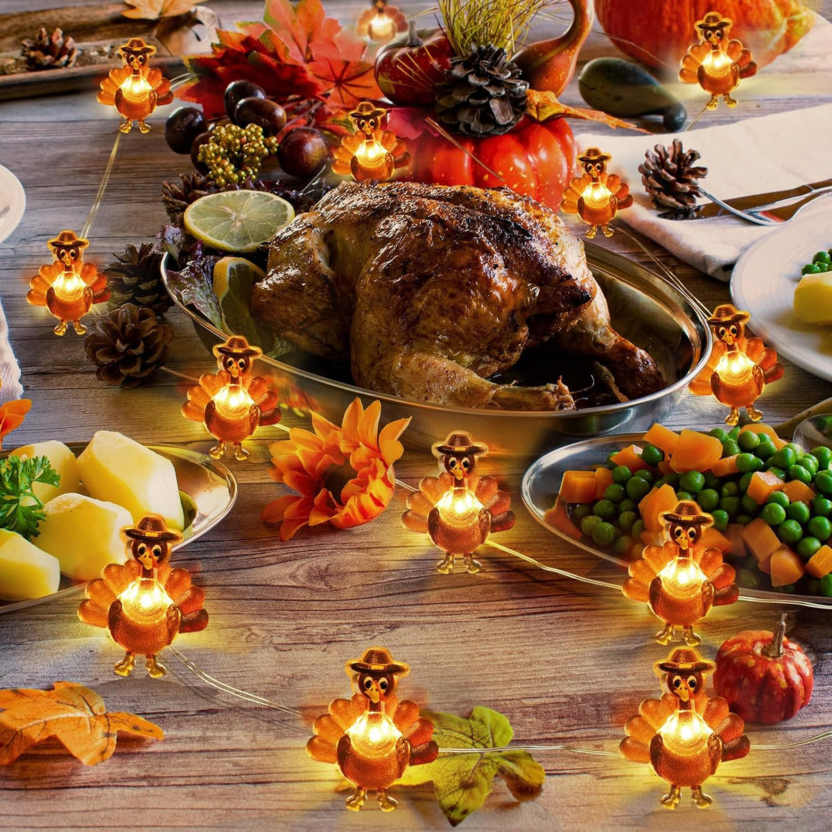 [Timer] Fall Thanksgiving Turkey Lights Decorations Thanksgiving Lights | 10FT 30LED Copper Wire Fairy Lights Turkey Decor, Thanksgiving Lights Indoor Outdoor Home Party Autumn Harvest Fall Decor