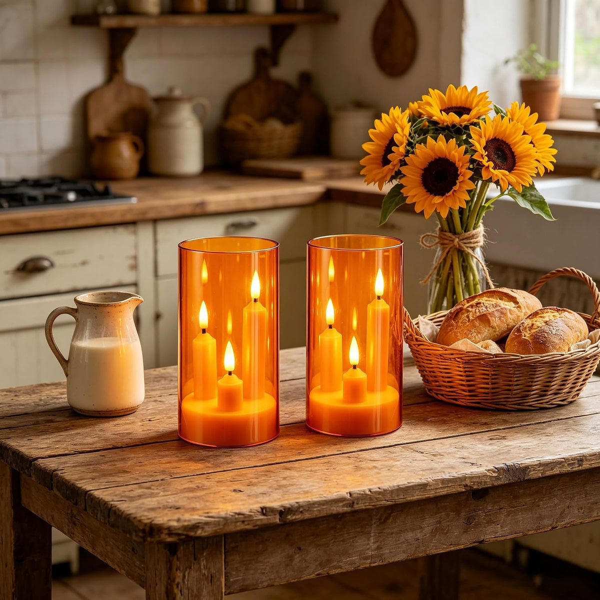 2 Pack 3D Wick Flameless Taper Candles, Orange Transparent Acrylic Cover, Remote Control Flickering LED Electric Candles, Battery Operated for Halloween Thanksgiving Christmas Home Decor.