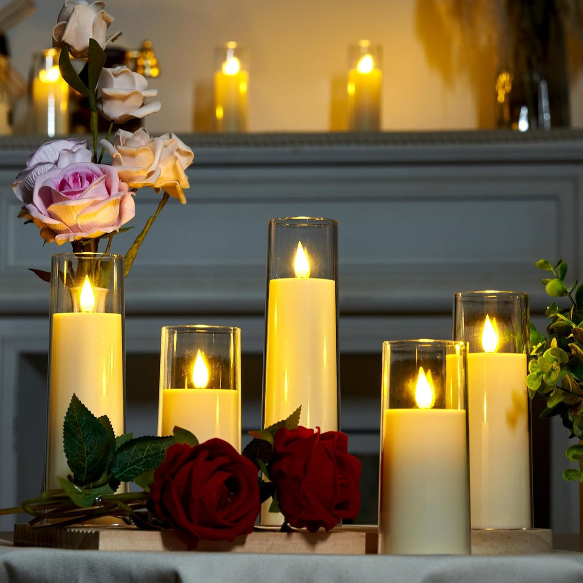 Ivory Flameless Candles with Remote, Battery Operated Candles with Timer, Acrylic Plexiglass Flickering LED Fake Candle for Wedding, Holiday, Home Decor, Set of 9, D2.2 X H5 6" 7" | Pure White Acrylic Candles with Remote Timer, 3D Wick Flickering Glow, Yellow & Blue Light, D2.2"X5.5/6.5/7.5" for Home Decor