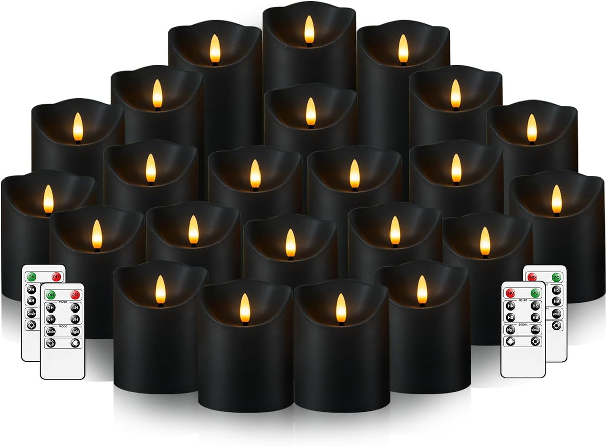 Flameless Candles with Remote, Battery Operated Flickering Flameless Candles, LED Candles with Timer 2/4/6/8H, with Realistic LED Candles Set of 24 (D3 X H 3" 4" 5") (Black)