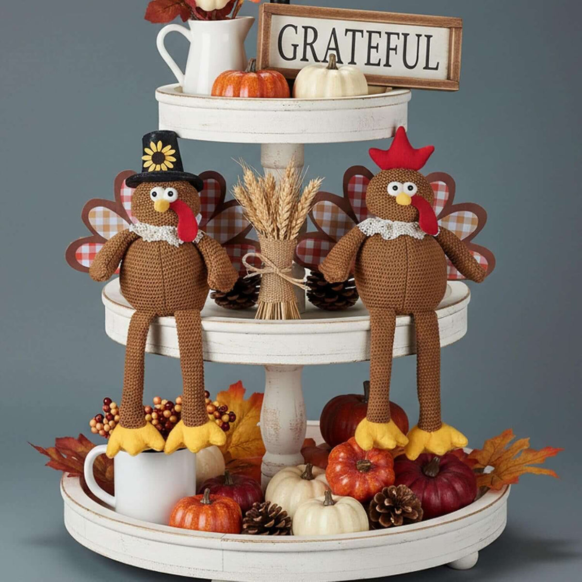 Christmas Decorations Set of 2 Turkeys with Dangling Legs, Turkey Couple Doll Plush Kit Tabletop Centerpieces for Fall Harvest Home Decor Kitchen Shelf (Brown)