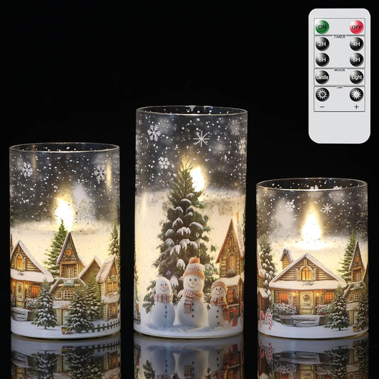Snowman House Glass Flameless Candle Battery Operated Remote Timer | LED Flickering Pillar Long Lasting, Real Wax Cold White Light, Dinner Window Christmas Holiday Decor, 3"Dx 4",5",6"H, 3 Pack