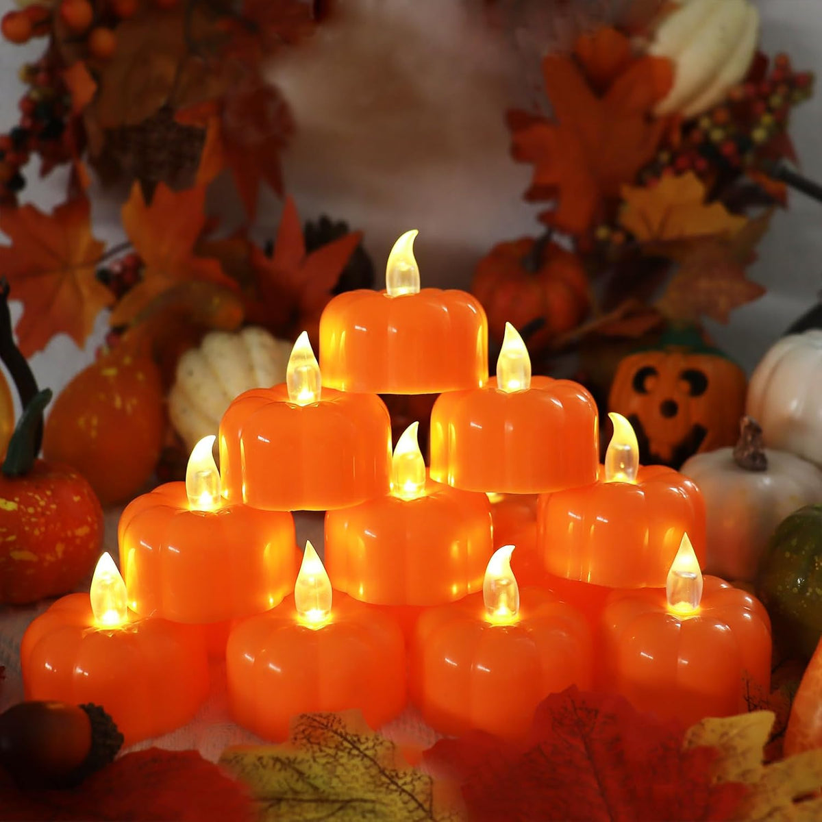 12 Pack Fall Decorations for Home Pumpkin Tea Lights Halloween Decor | LED Orange Pumpkin Lights Flameless Candles Battery Operated, Thanksgiving Flickering Tealight for Table Indoor Party Decor
