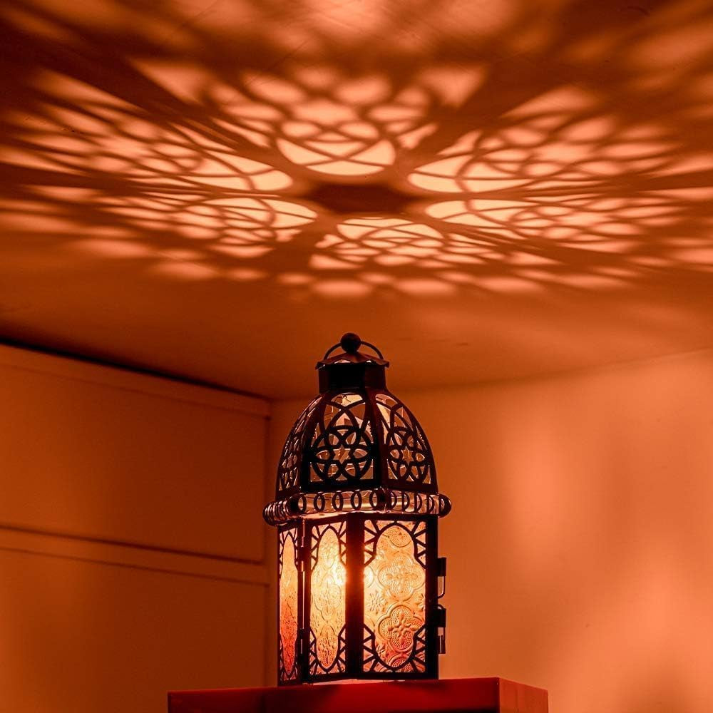 Set of 2 Moroccan Lanterns Decorative Indoor & Outdoor, 11’’ Medium Size Vintage Metal Hanging&Tabletop Candle Holder Decor, Halloween Christmas Ramadan Decorations for Home (Amber)