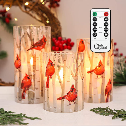 Christmas Flameless Candles with Remote, Cardinal Theme | Battery Operated LED Candles with Timer, Real Wax & Glass Effect Candle for Christmas Home Festival Décor, Set of 3