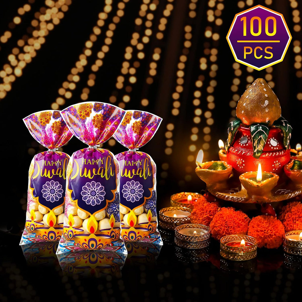 100 Pieces Happy Diwali Party Favor Bags, Festival of Lights Gift Candy Bags with Twist Ties Cellophane Plastic Treat Goodie for Party, Indian Celebration Supplies Decoration