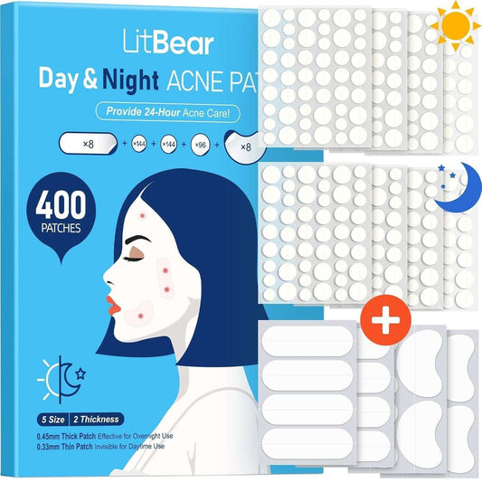 Pimple Patches for Face, 5 Sizes 400 Counts Hydrocolloid Acne Patch, Day & Night Spot Stickers Variety Pack, Thin & Thick for Covering Zits, Pimples, Large Breakouts, Chin, Forehead