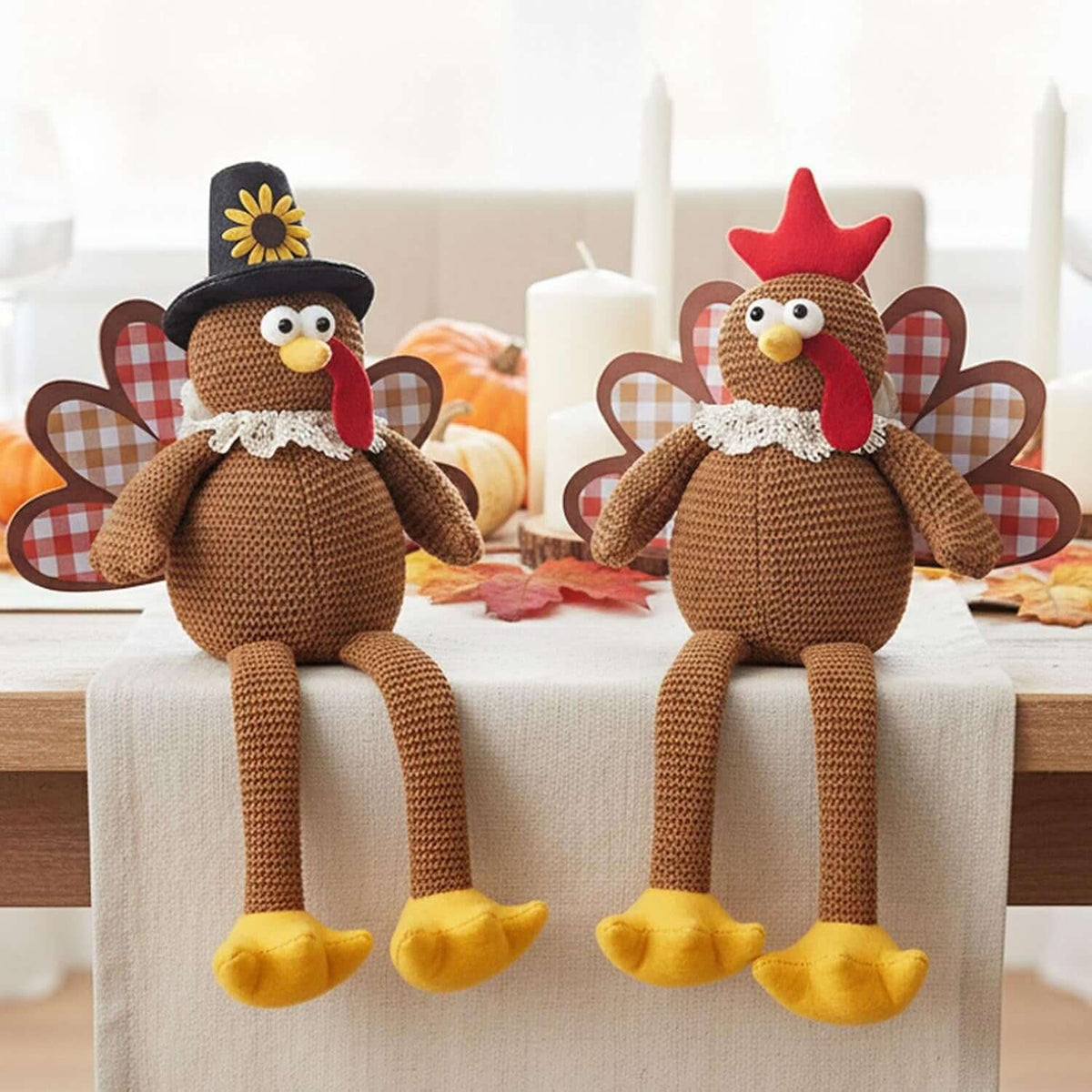 Christmas Decorations Set of 2 Turkeys with Dangling Legs, Turkey Couple Doll Plush Kit Tabletop Centerpieces for Fall Harvest Home Decor Kitchen Shelf (Brown)