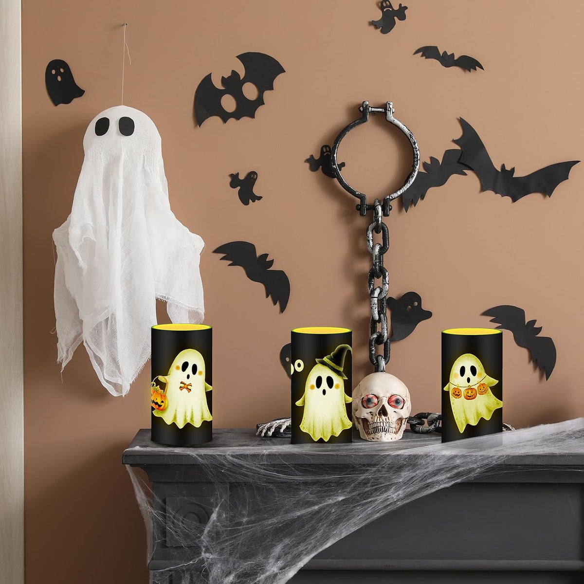 Halloween Ghost Flameless Candles Halloween Boo Ghost Decorations Candles Battery Operated Candles for Home Decor Boo Basket Gift