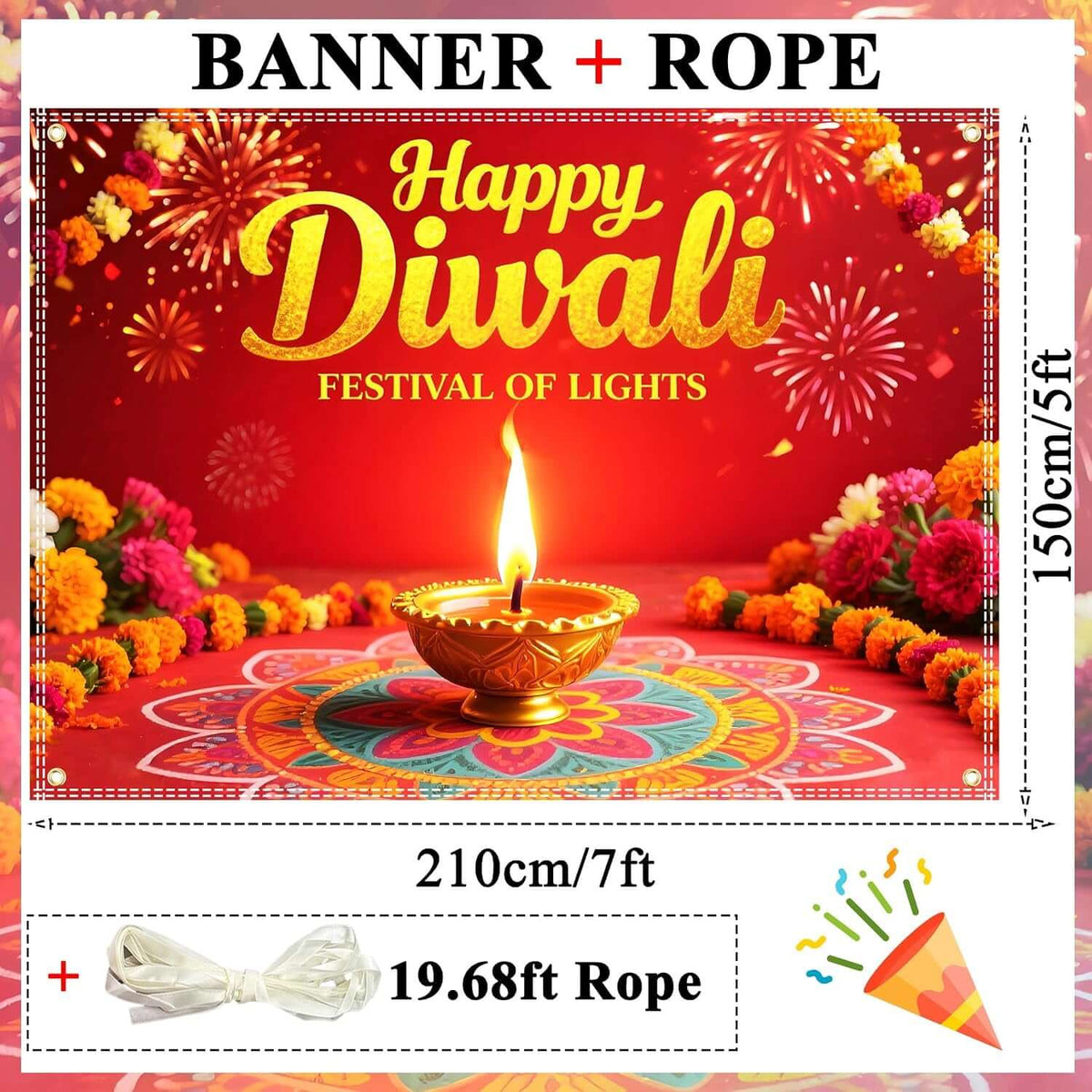 Diwali Backdrop Decorations 7X5Ft Happy Diwali Banner Deepavali Festival of Lights Diyas for Home Party Supplies Photography Background Indoor Outdoor With19.68Ft Ribbon