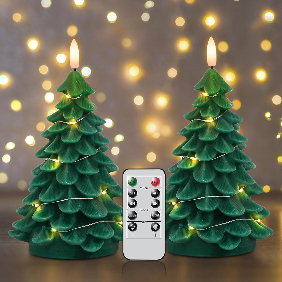 Christmas Tree Flameless Candles String Lights Remote and Timer | Battery Operated LED Pillar Candles, Real Wax Lifelike Leaves 3D Wick Flickering, Holiday Indoor Decor, 3"Dx7.1"H, 2 Pack