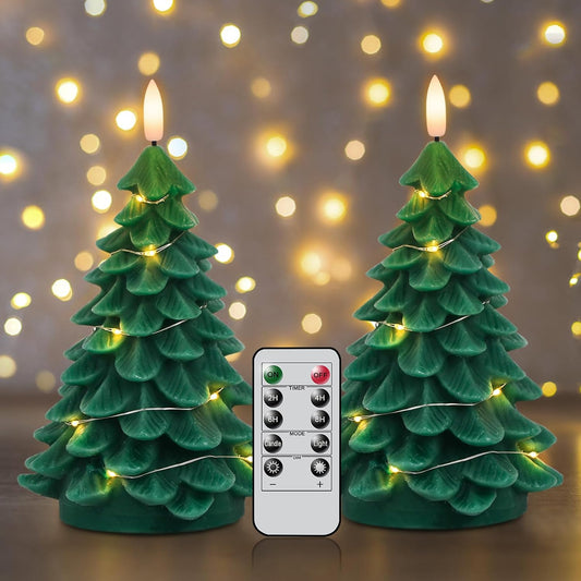 Christmas Tree Flameless Candles String Lights Remote and Timer | Battery Operated LED Pillar Candles, Real Wax Lifelike Leaves 3D Wick Flickering, Holiday Indoor Decor, 3"Dx7.1"H, 2 Pack