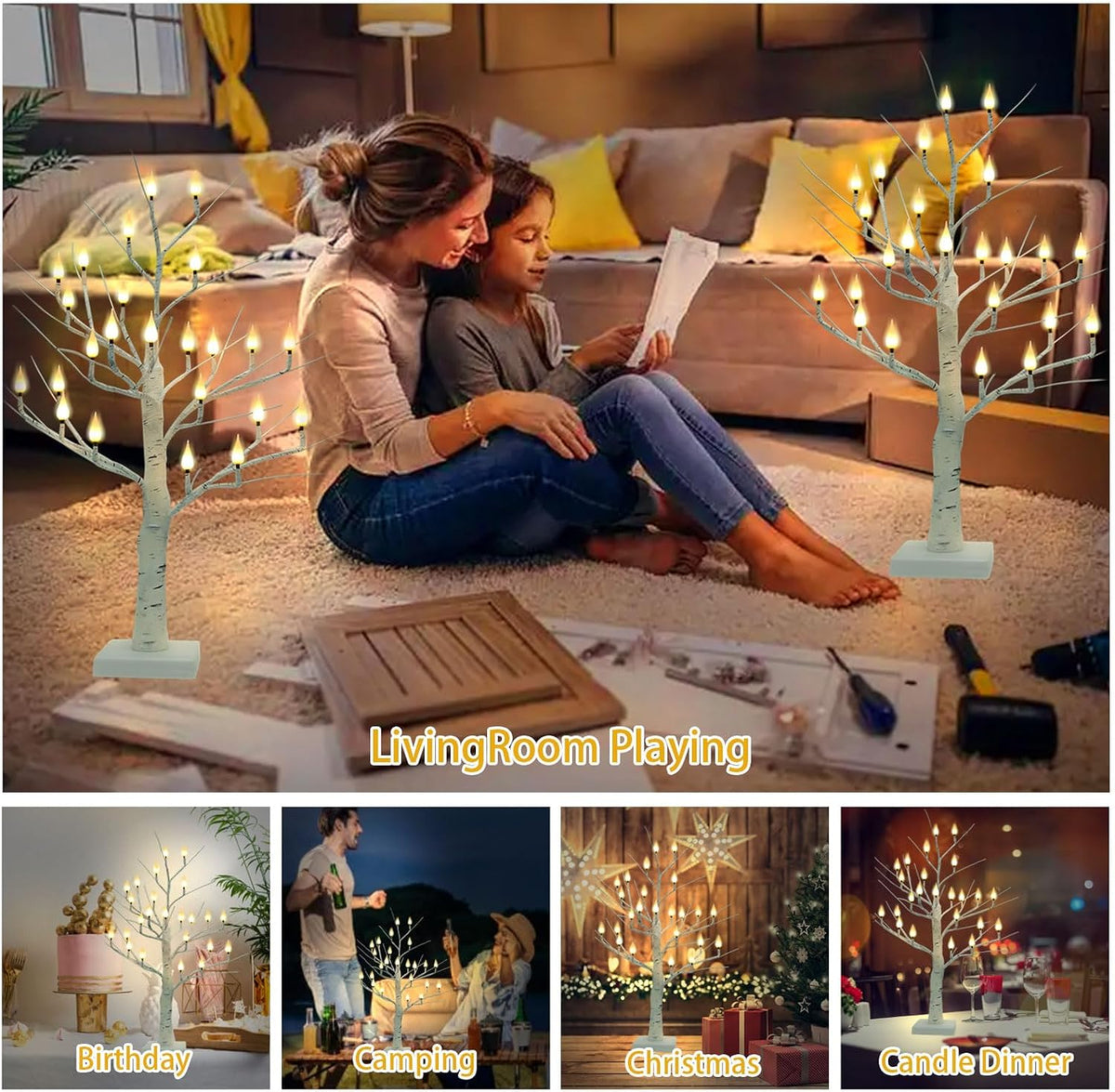 2Ft Candle Light Trees for Decoration Indoor, Twinkle Tree with 24LED Flameless Candles Lights, Usb/Battery Operated Birch Tree Candles for Home Tabletop Mantel Christmas Birthday Party Decor