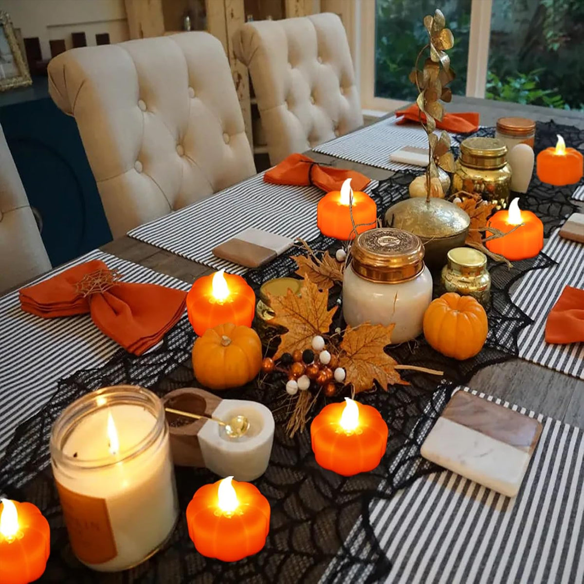 12 Pack Fall Decorations for Home Pumpkin Tea Lights Halloween Decor | LED Orange Pumpkin Lights Flameless Candles Battery Operated, Thanksgiving Flickering Tealight for Table Indoor Party Decor