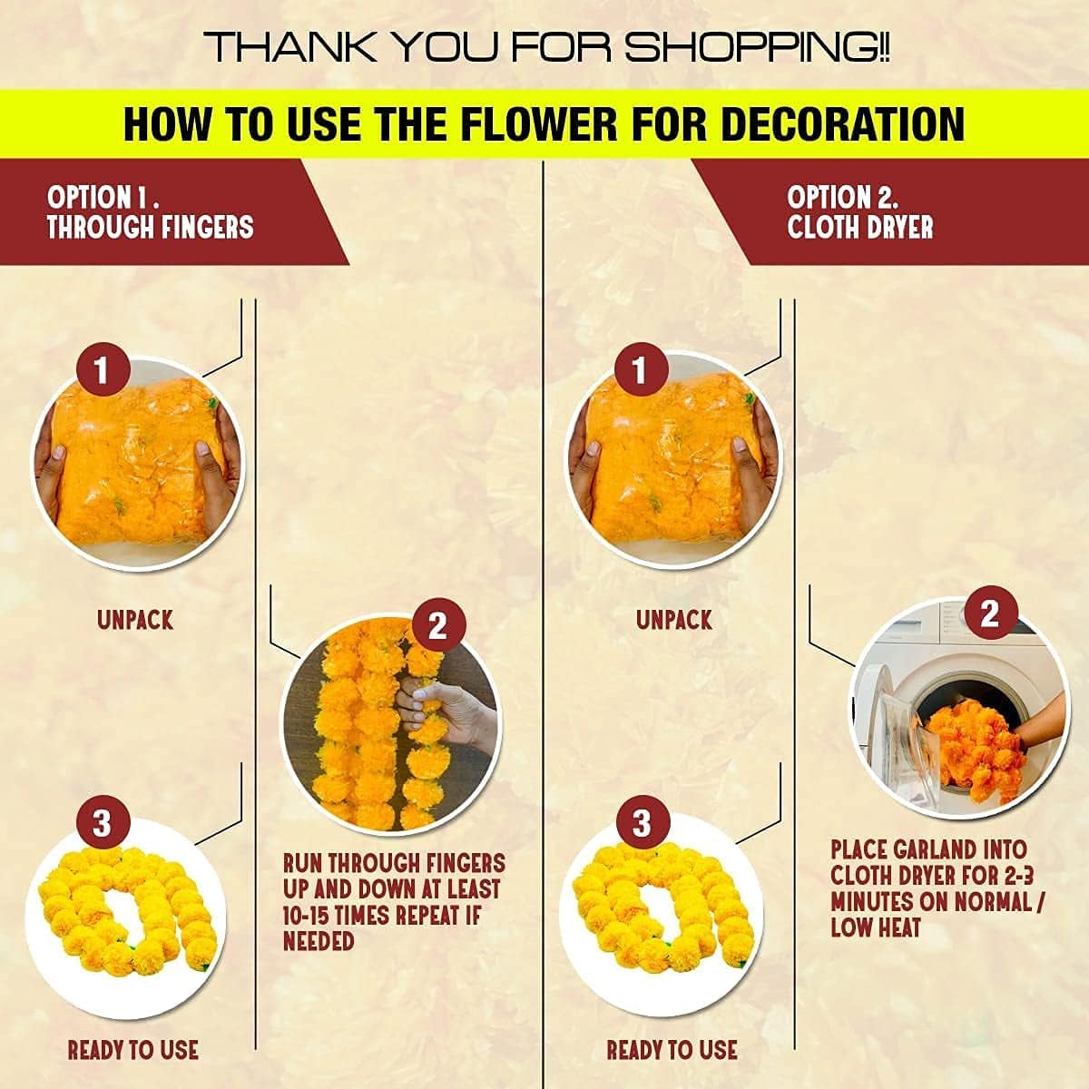 5 PC - 5 Feet Marigold Garland |Indian/American Wedding Party Mantle Decoration, Faux Garlands Wedding Garland, Diwali Decoration, Spring Bush Floral! (Yellow & Dark Orange)