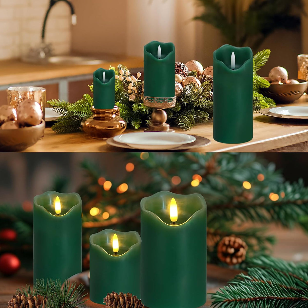 Flickering Flameless Candles, Set of 3 Green LED Candle Light with Remote & Timer, Battery Operated Electric Pillar Candle by Real Wax Dimmable Fake Candles for Home Falll Halloween Decor (Green)