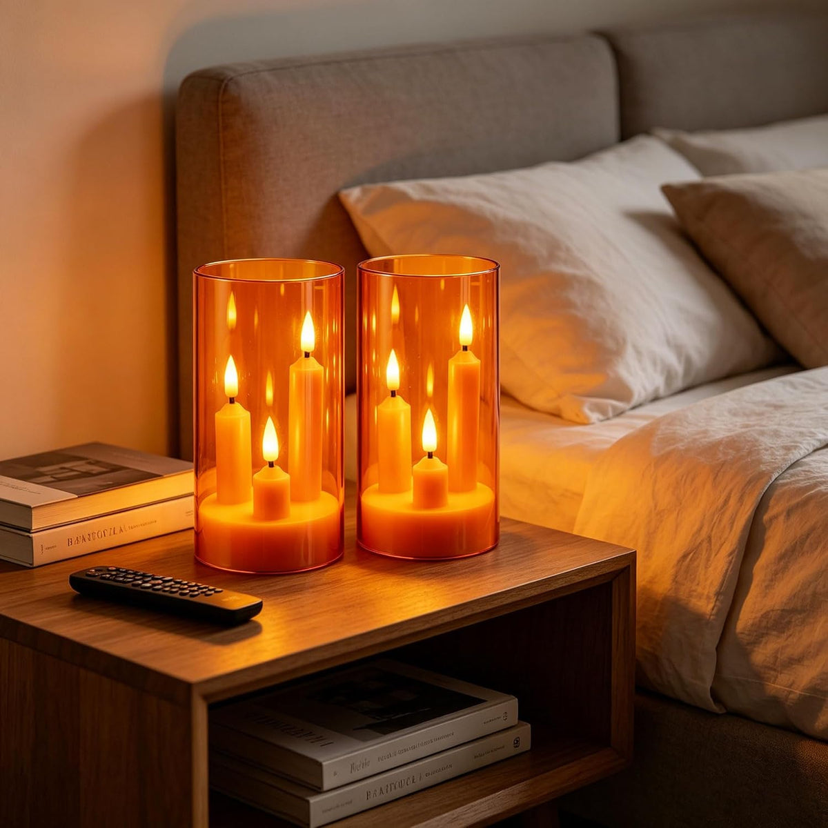 2 Pack 3D Wick Flameless Taper Candles, Orange Transparent Acrylic Cover, Remote Control Flickering LED Electric Candles, Battery Operated for Halloween Thanksgiving Christmas Home Decor.