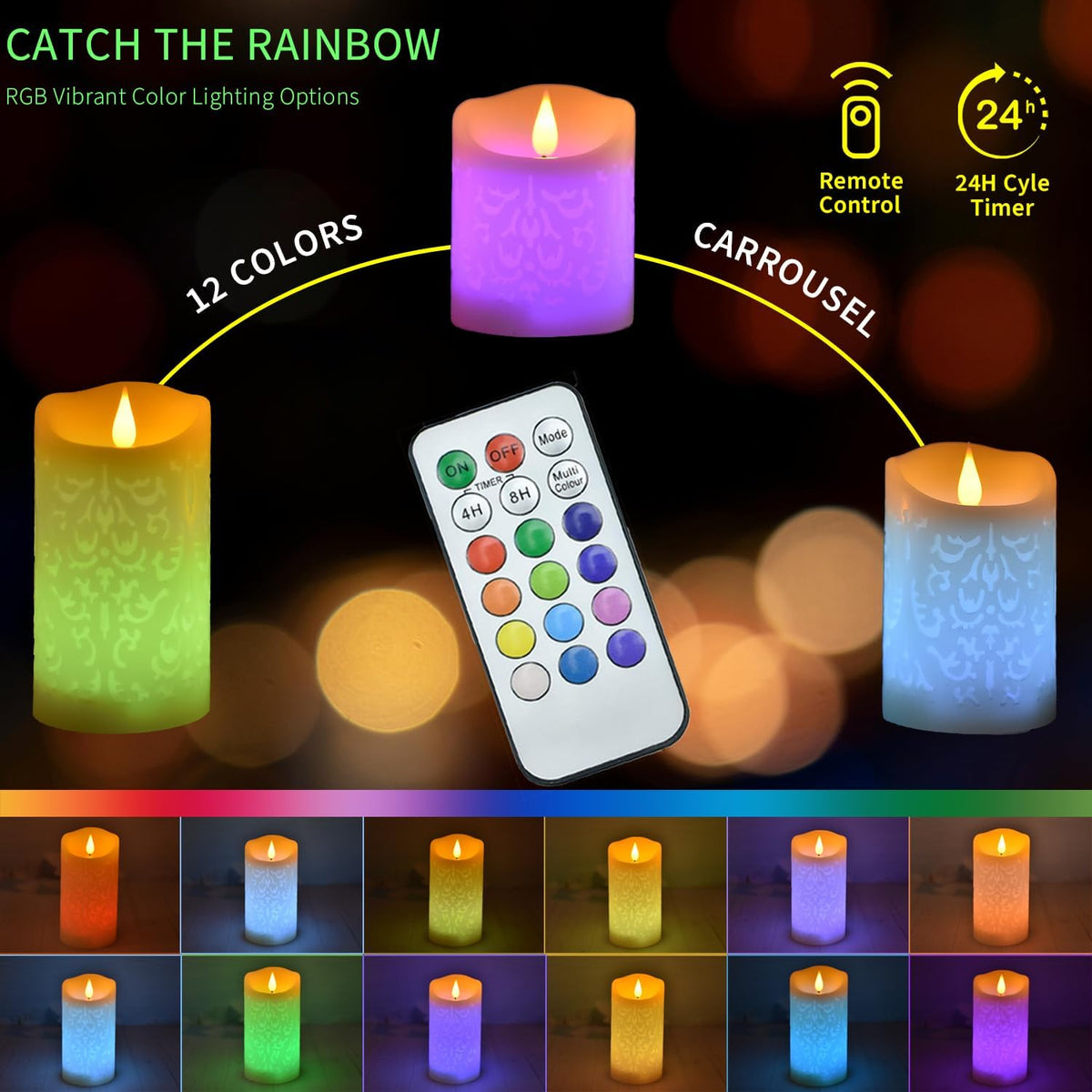 Rechargeable Color Changing Candles with Remote Timer USB Cable 3PCS LED Multi Colored Flameless Candles Battery Operated Real Wax USB Pillar Candles Flickering for Halloween Christmas Decor