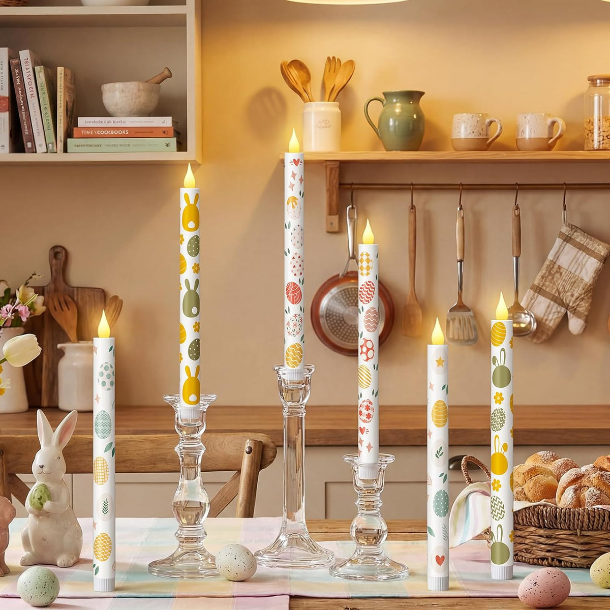 6 Pcs Easter Flameless Taper Candles 10.6 Inch Colorful Egg Bunny Candles Battery Operated LED Candlesticks for Easter Dinner Table Home Party Decor