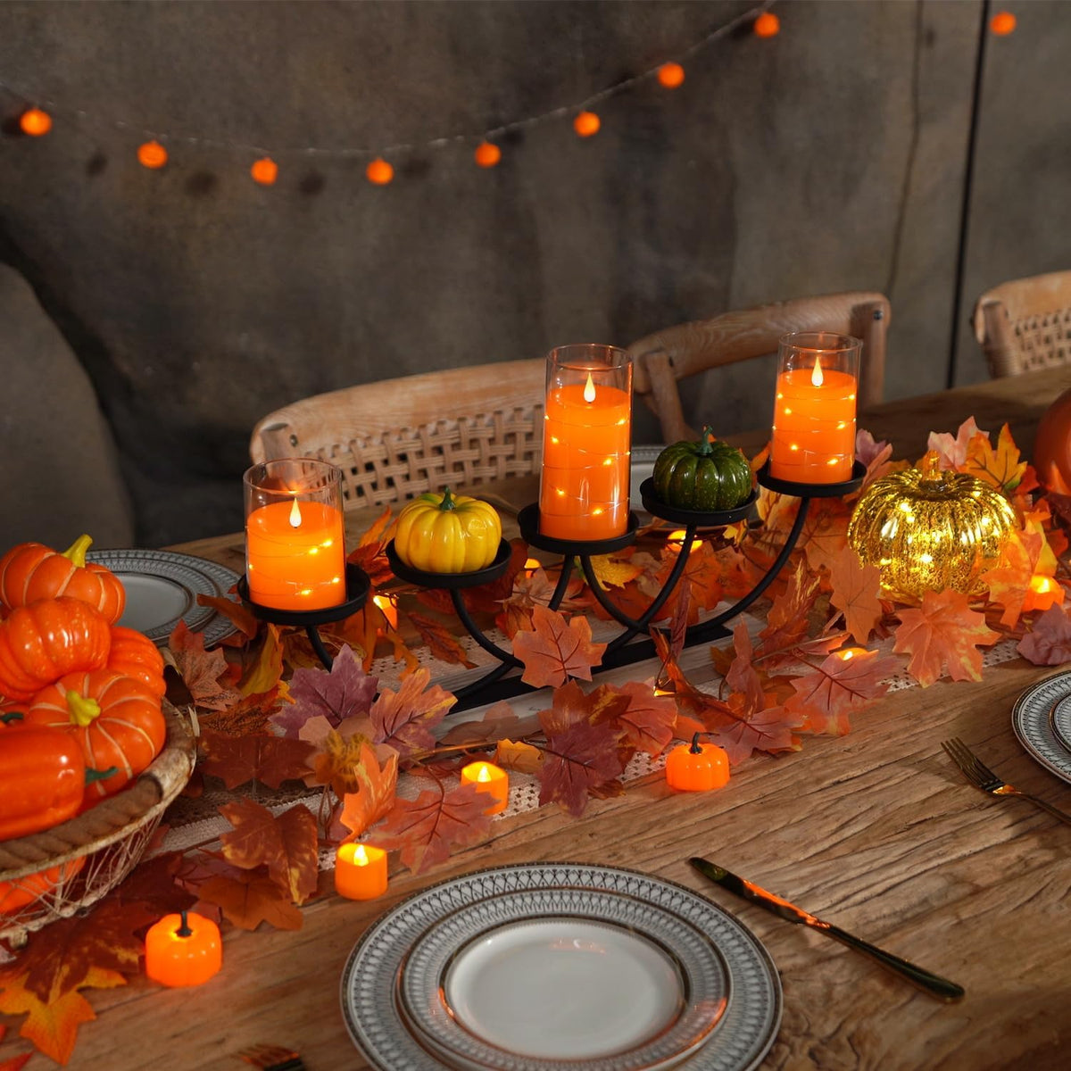 Halloween Orange Flameless Candles with String Lights, Battery Operated LED Candles with Remote and Timer, Candles for Halloween Decoration, Fall, Harvest Festival