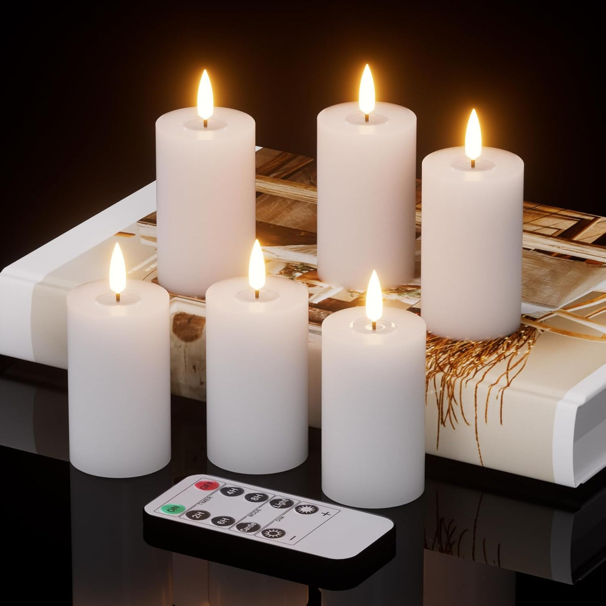 Votive Flameless LED Candles Battery Operated with Remote Timer, White | Real Wax 3D Wick Flameless Flickering, Pillar Candles, 2/4/6/8H Timer, Christmas Home Wedding Party Decor, 1.9×4.5In, 6 Pack
