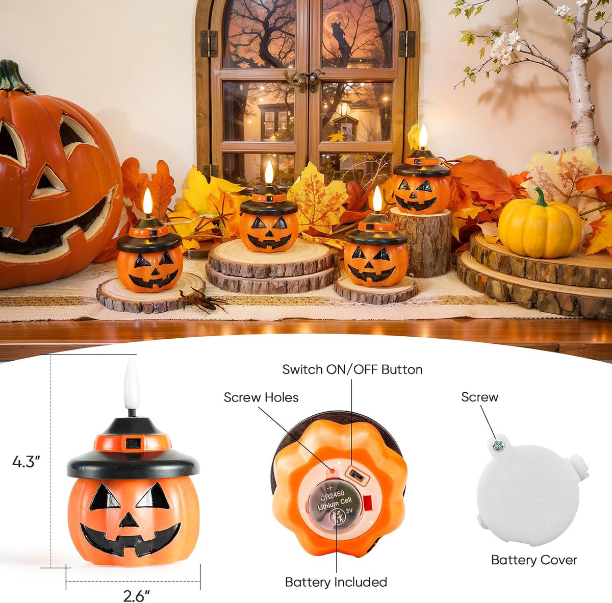 Real Wax Pumpkin Candles, 4 Pcs Flickering Flameless Candles with 6Hrs Timer, LED Halloween Pumpkin Lamp, Battery Operated Lights for Home Halloween Decor, Theme Party, Orange