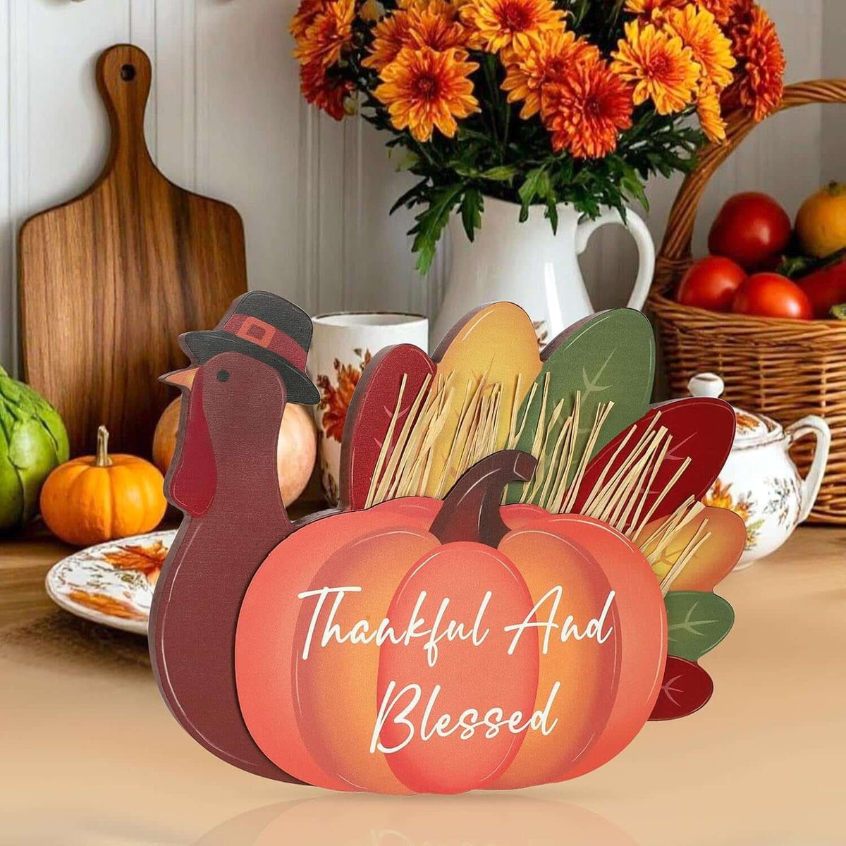 Thanksgiving Decoration Wooden Tabletop Decor Thanksgiving Standing Turkey for Home Kitchen Office Fall Harvest Festival Decoration (Turkey)