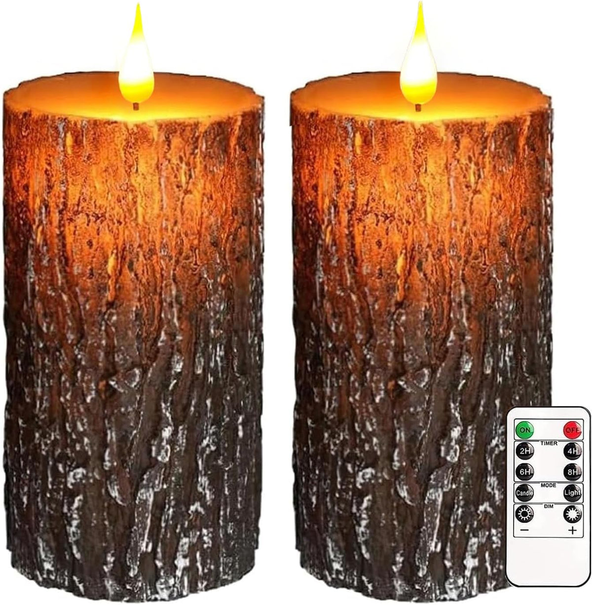 Pine Bark Flameless Candles Set of 2, Christmas Candles with Remote & Timer | 6"X3" Flickering Real Wax Pillar Candles Battery Operated, Electric LED Candles Light for Rustic Home Christmas Decor