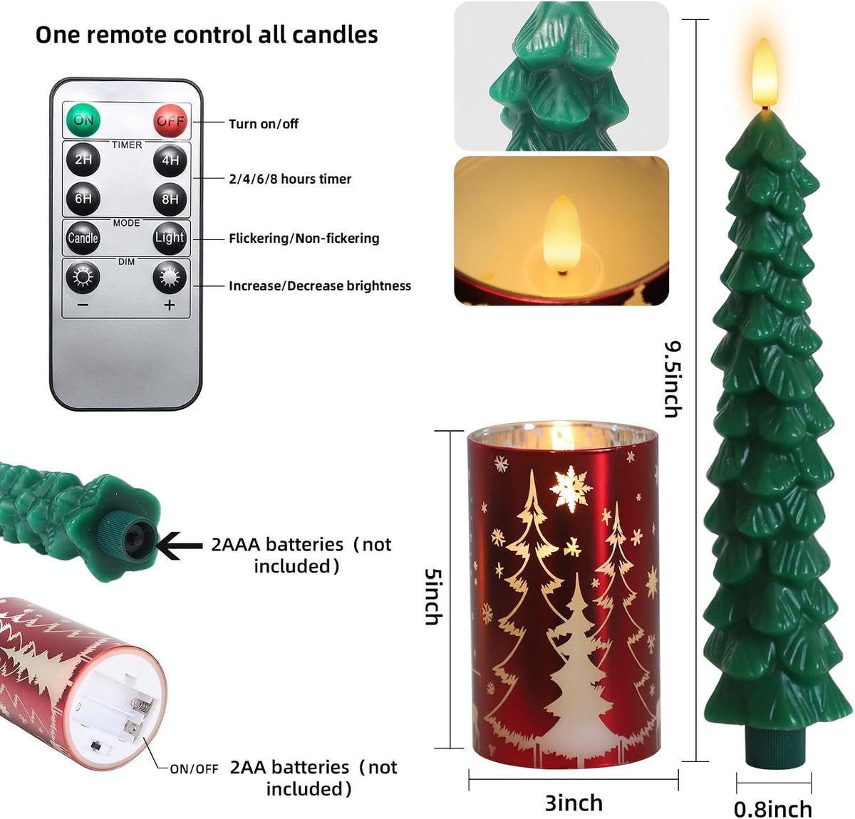 Chritsmas Flameless Candles, Battery Operated Christmas Candles, Real Wax Glass Flickering LED Candles, Tree Candlestick for Home Christmas Decor, Remote Timer
