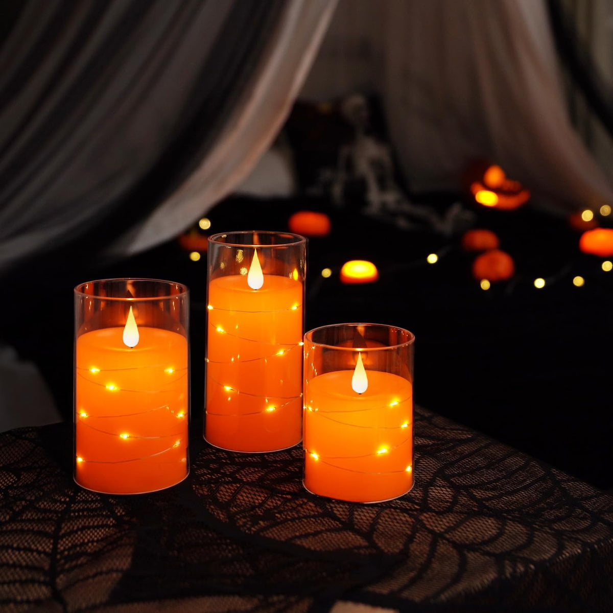 Halloween Orange Flameless Candles with String Lights, Battery Operated LED Candles with Remote and Timer, Candles for Halloween Decoration, Fall, Harvest Festival