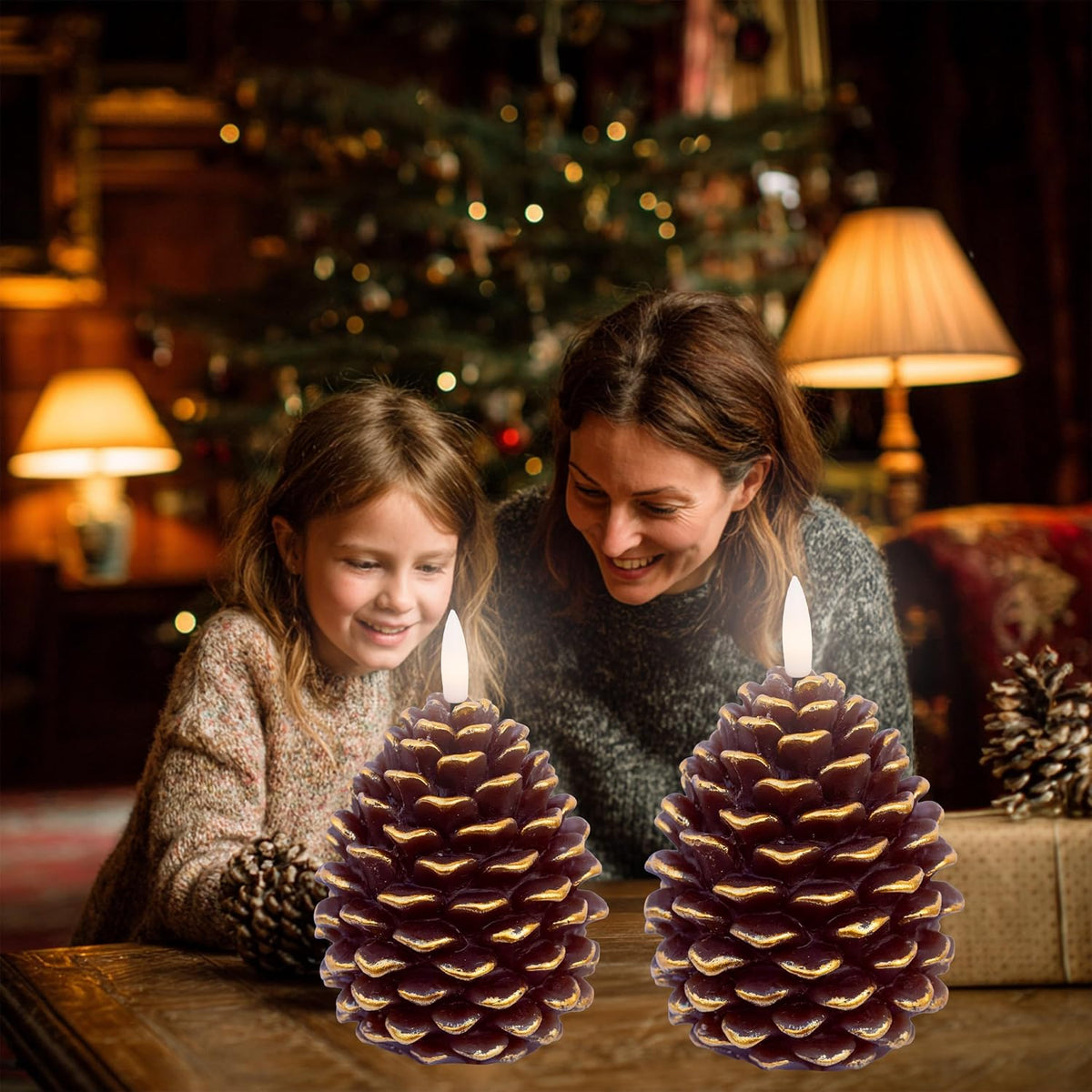 Pine Cone Candles, 2 Pack Flameless LED Wax Timer (Golden Brown) | Flameless LED Pine Cone Candles with Remote & Timer – Real Wax, Flickering Flame, Christmas & Fall Decor