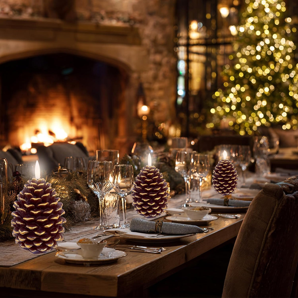 Pine Cone Candles, 2 Pack Flameless LED Wax Timer (Golden Brown) | Flameless LED Pine Cone Candles with Remote & Timer – Real Wax, Flickering Flame, Christmas & Fall Decor