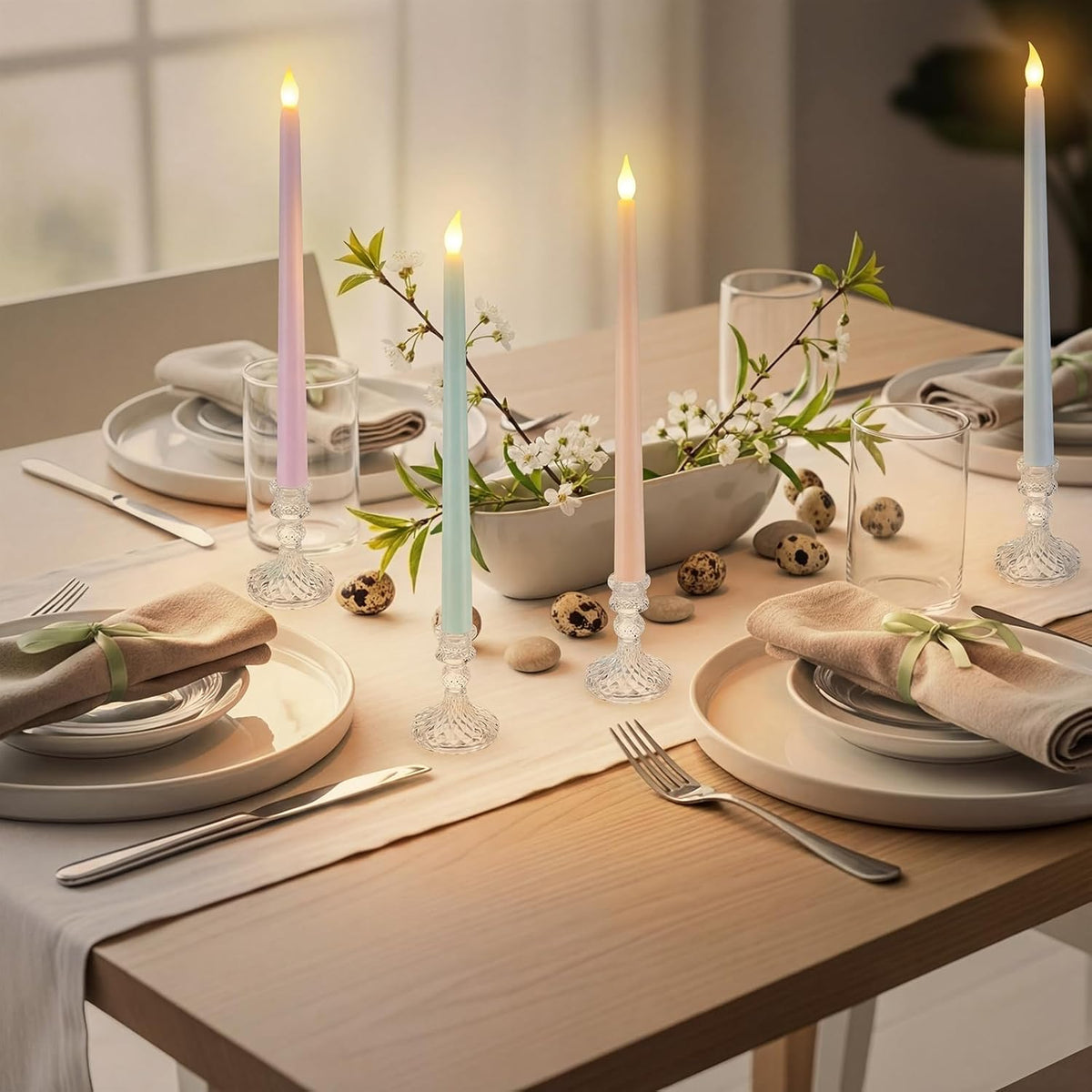 6 Pcs Easter Flameless Taper Candles 10.8 Inch Pastel Candles Battery Operated LED Candlesticks for Easter Dinner Table Home Party Decor