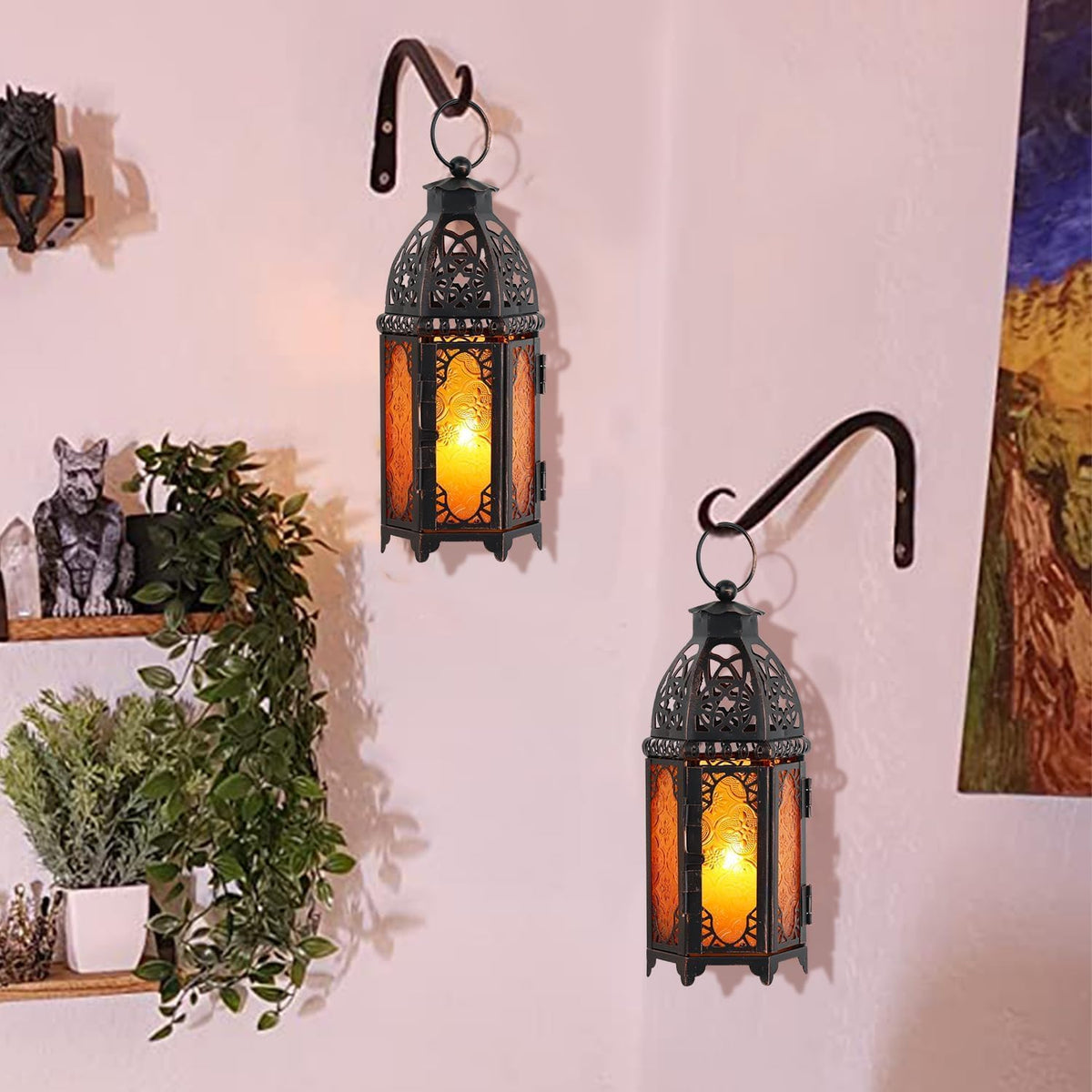 Ramadan Lanterns Decorative Indoor & Outdoor, 11’’ Medium Size Vintage Metal Hanging&Tabletop Candle Holder Decor, Halloween Christmas Moroccan Decorations for Home Porch Patio (Amber)