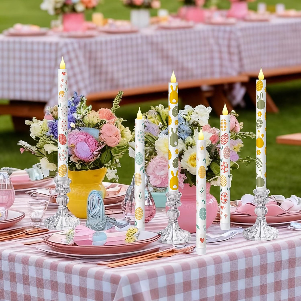 6 Pcs Easter Flameless Taper Candles 10.6 Inch Colorful Egg Bunny Candles Battery Operated LED Candlesticks for Easter Dinner Table Home Party Decor