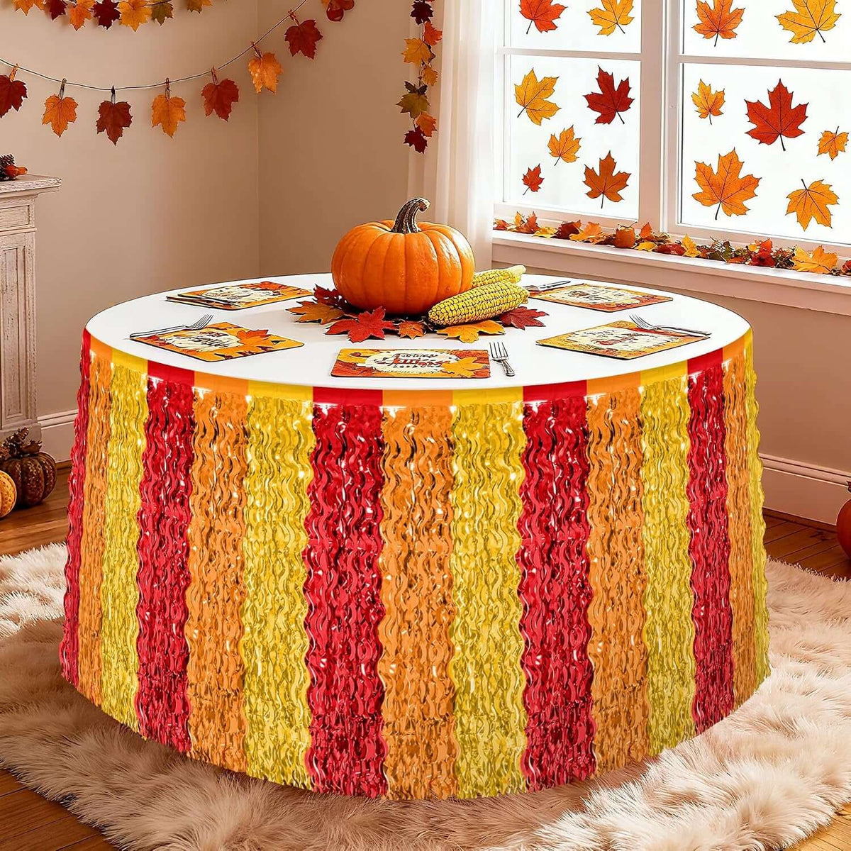 Thanksgiving Table Skirt Decor, 2 Pack Red Orange Gold Desk Skirts Decorations, Metallic Thanksgiving Wavy Tinsel Foil Fringe Table Skirts, Foli Table Skirt for Fall Holiday Party Backdrop Decor