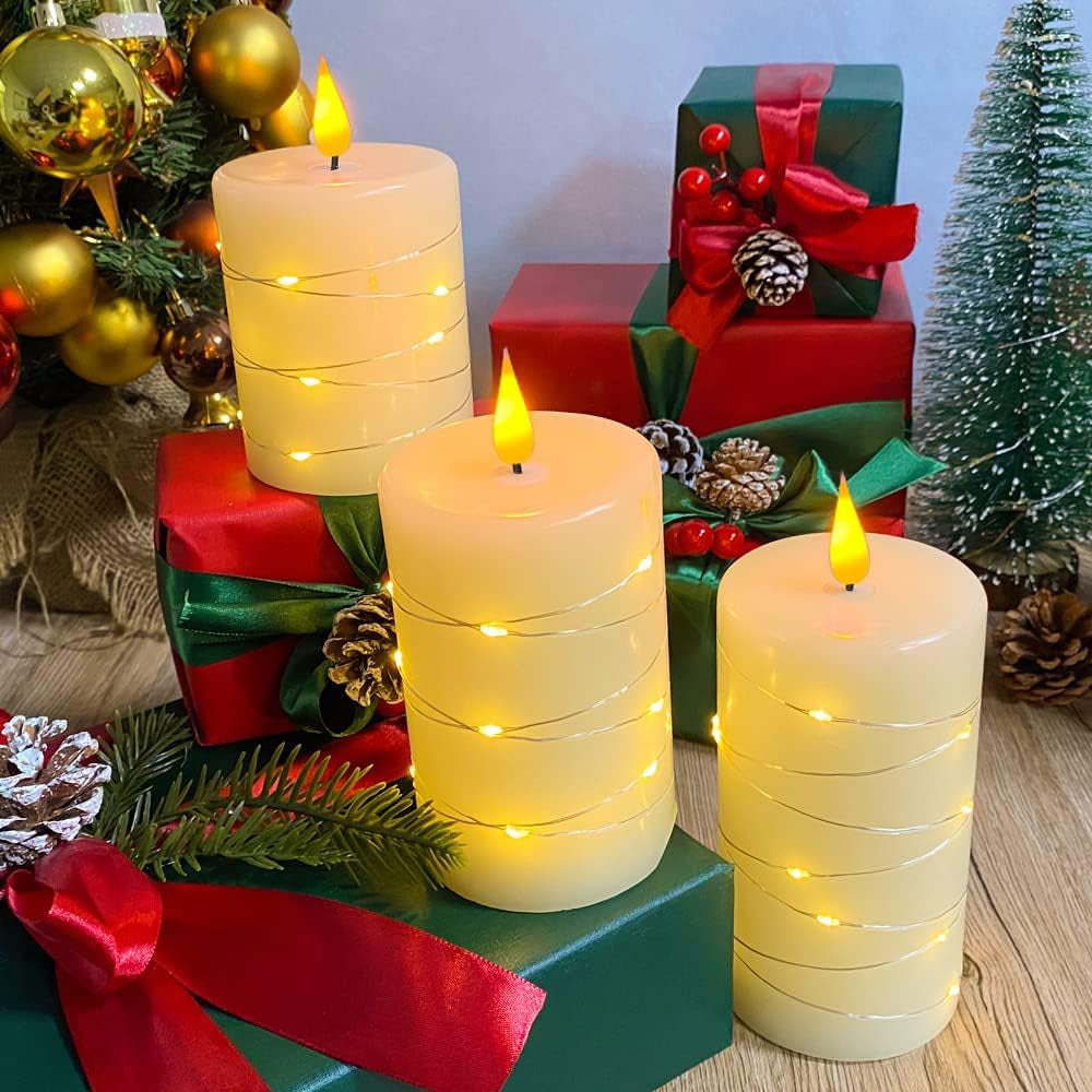 Rechargeable Flameless Candles, Embedded Star String Flickering Real Wax Flameless Candles for Romantic Ambiance and Festival Home Decoration with Remote & Timer