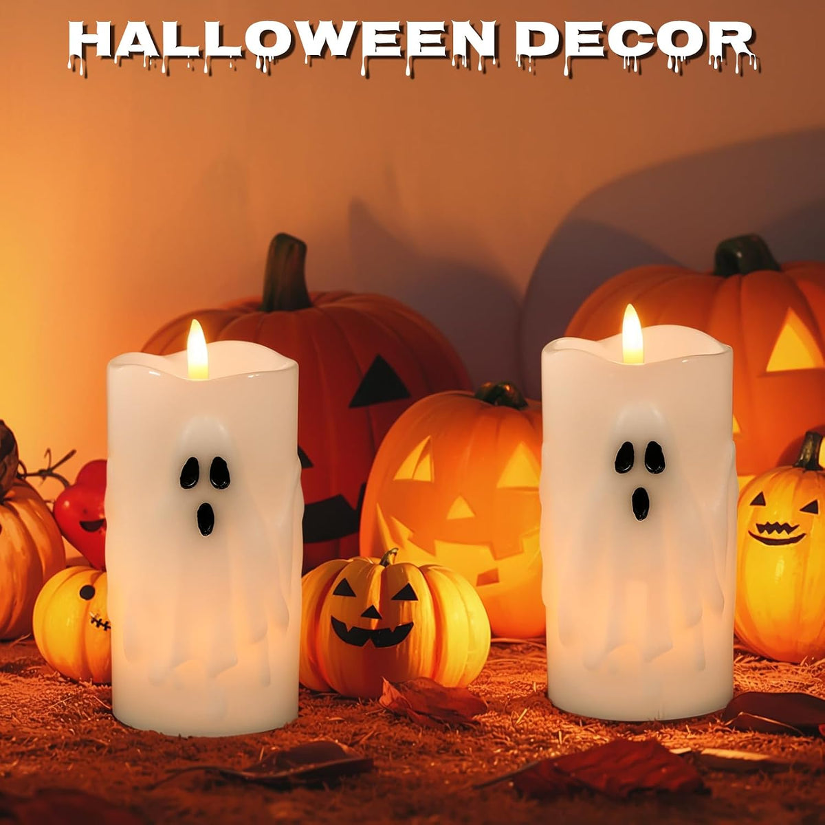 Halloween Ghost Flameless LED Pillar Candles with Remote Timer | Realistic 3D Wick Flickering, Real Wax Ghost Relief Long Lasting, Cute Spooky Halloween Indoor Decor, 3"D X 6.5"H, 2 Pack