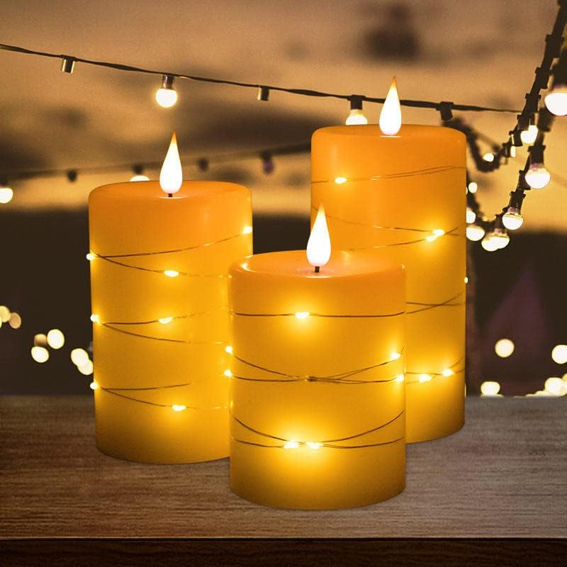 Rechargeable Flameless Candles, Embedded Star String Flickering Real Wax Flameless Candles for Romantic Ambiance and Festival Home Decoration with Remote & Timer