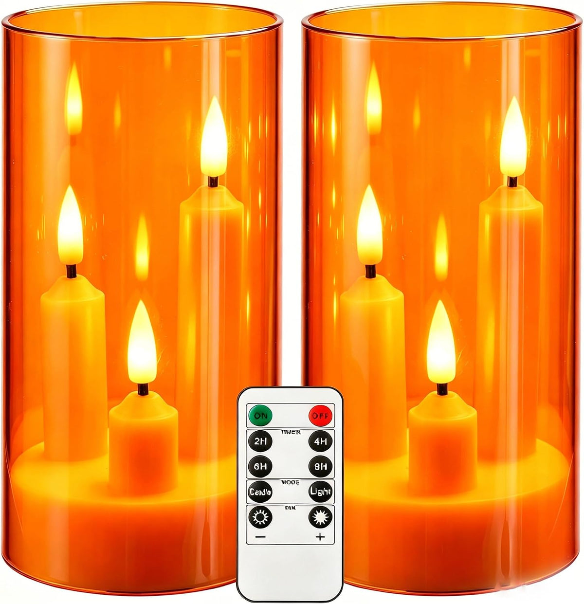 2 Pack 3D Wick Flameless Taper Candles, Orange Transparent Acrylic Cover, Remote Control Flickering LED Electric Candles, Battery Operated for Halloween Thanksgiving Christmas Home Decor.