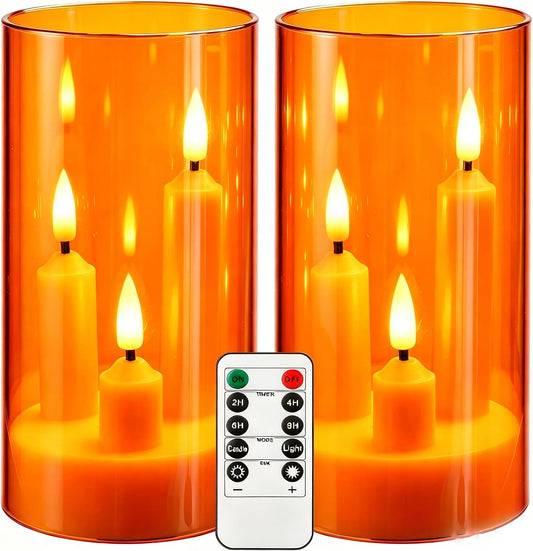 2 Pack 3D Wick Flameless Taper Candles, Orange Transparent Acrylic Cover, Remote Control Flickering LED Electric Candles, Battery Operated for Halloween Thanksgiving Christmas Home Decor.