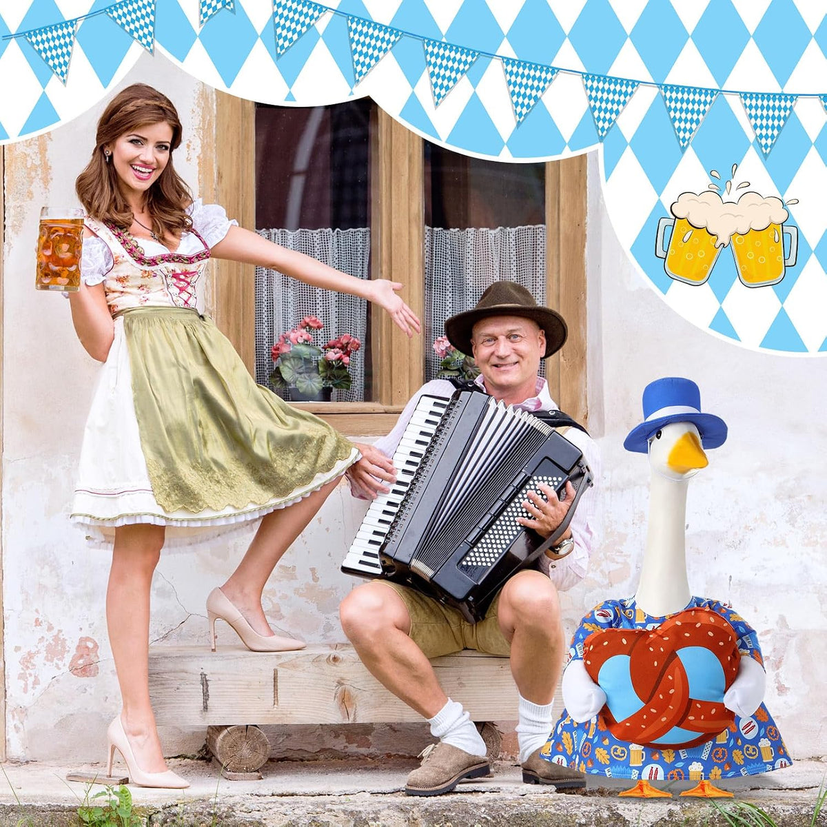 1 Set Oktoberfest Goose Outfit 23 Inch Hat Cape Pretzel,Bread | Bavarian Costume for Cement Statue, Blue Felt Hat with Ribbon, Pretzel Decor, Patterned Cape, Porch Yard Garden Outdoor