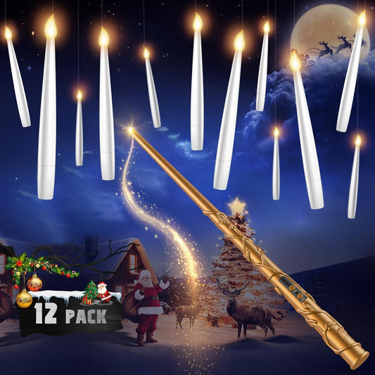 Floating Candles with Wand - 12 Pack Christmas Decorations Magic Flameless Candles Flickering Warm Light LED Hanging Candle Remote, Battery Operated Candles for Christmas Outdoor Indoor Party Decor