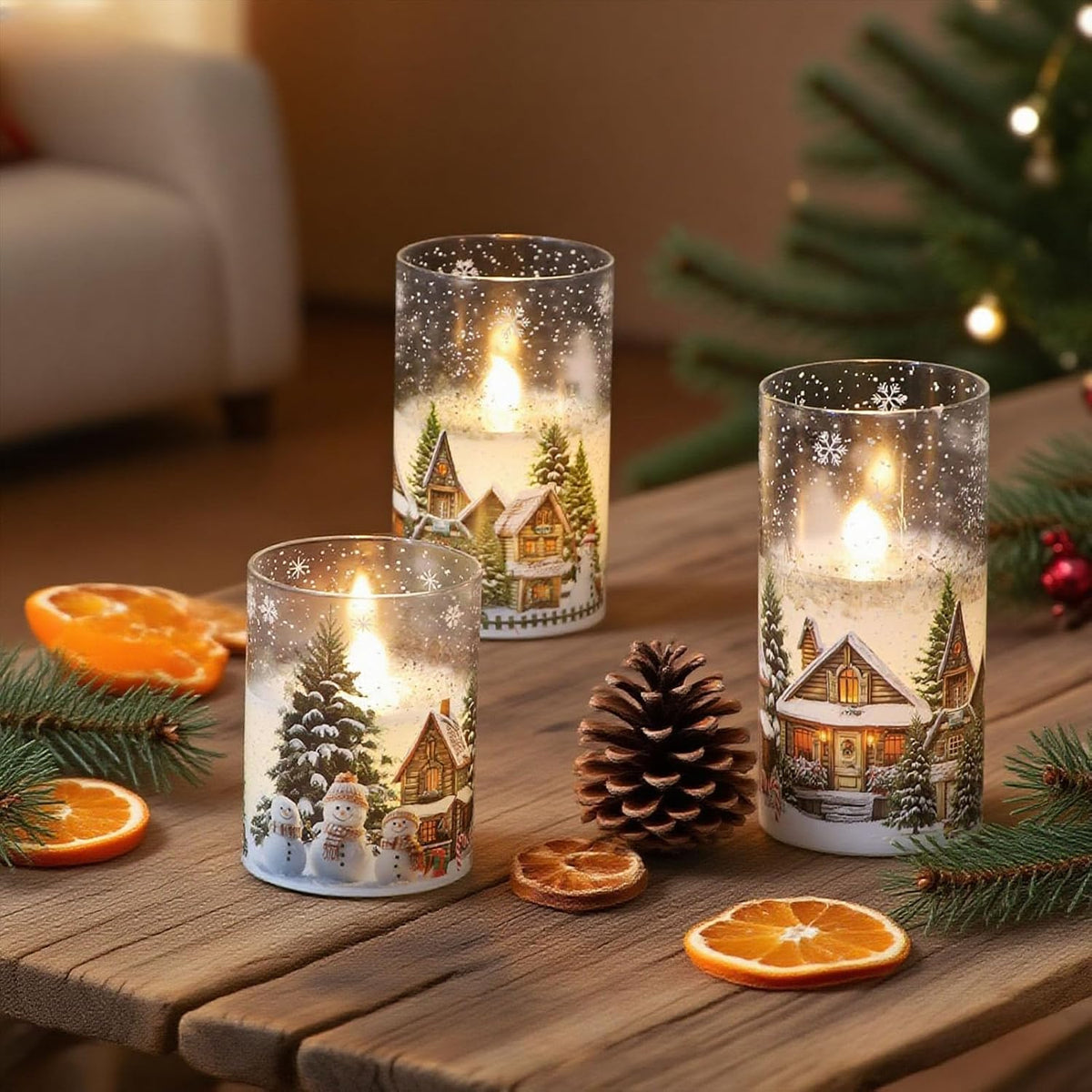 Snowman House Glass Flameless Candle Battery Operated Remote Timer | LED Flickering Pillar Long Lasting, Real Wax Cold White Light, Dinner Window Christmas Holiday Decor, 3"Dx 4",5",6"H, 3 Pack