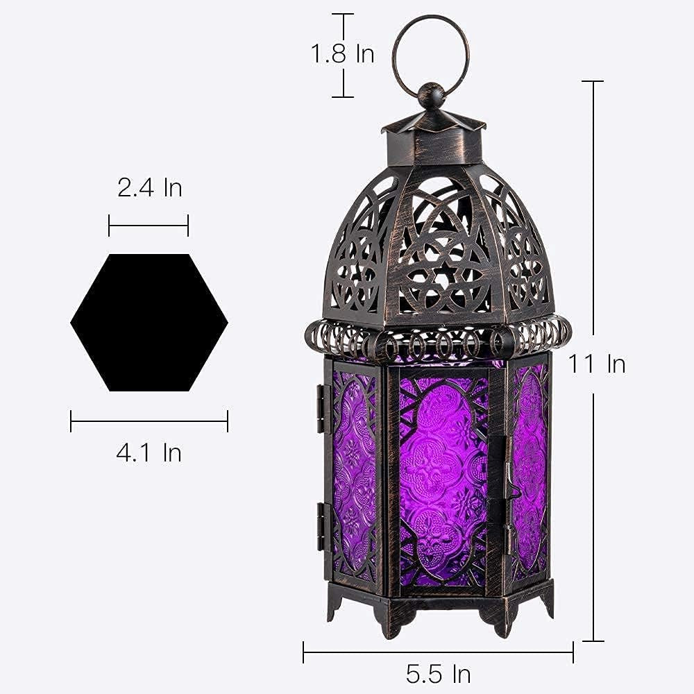Halloween Decorations Indoor, Purple Decorative Candle Lantern for Moroccan Light Decor, 12.8’’ Vintage Metal Hanging&Tabletop Lantern, Ramadan Lantern for Home Outdoor Patio(Purple)